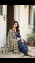 Dhanak Embroidered 3-Piece Suit with Wool Shawl (Multani Style) Royal Blue