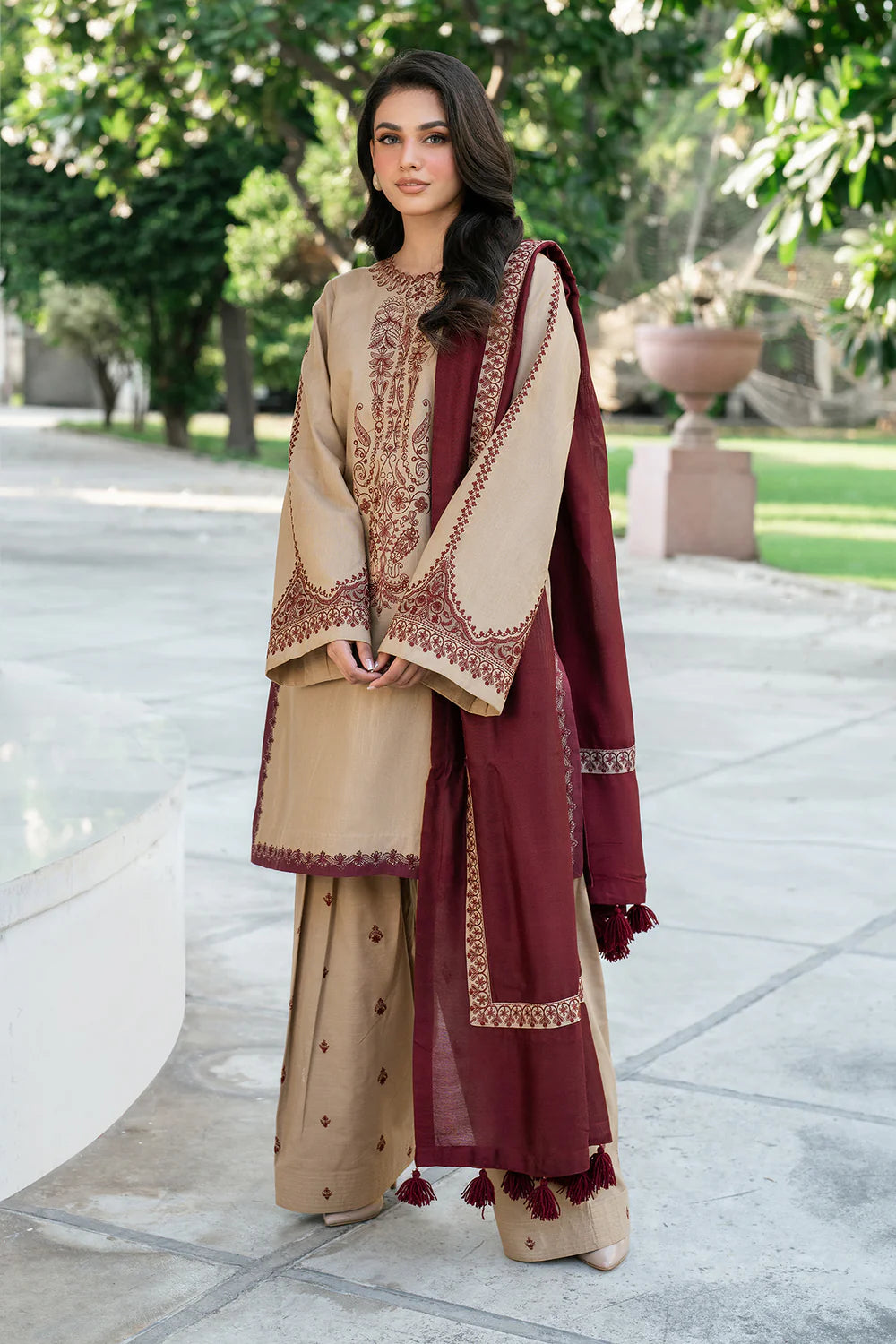 HOORE- 3PC DHANAK EMBROIDERED SHIRT WITH DHANAK EMBROIDERED SHAWL AND TROUSER - HZG1370
