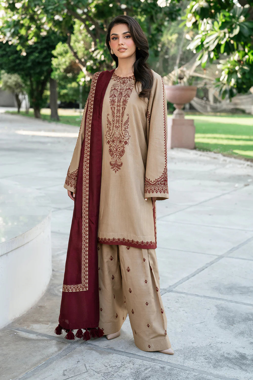 HOORE- 3PC DHANAK EMBROIDERED SHIRT WITH DHANAK EMBROIDERED SHAWL AND TROUSER - HZG1370