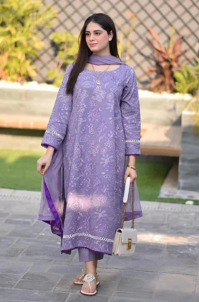 HOORE- 3 Pcs Embroidered DHANAK Shirt with Embroidered DHANAK Dupatta V2575
