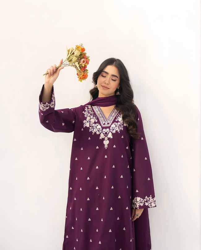HOORE- Dhanak Embroidered Winter 2 Piece Dress - J0975 Hover Image