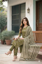 Dhanak Embroidered 3-Piece Suit with Wool Shawl (Multani Style)
Mehndi Green