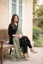 Dhanak Embroidered 3-Piece Suit with Wool Shawl (Multani Style)
Black