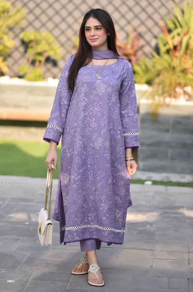HOORE- 3 Pcs Embroidered DHANAK Shirt with Embroidered DHANAK Dupatta V2575