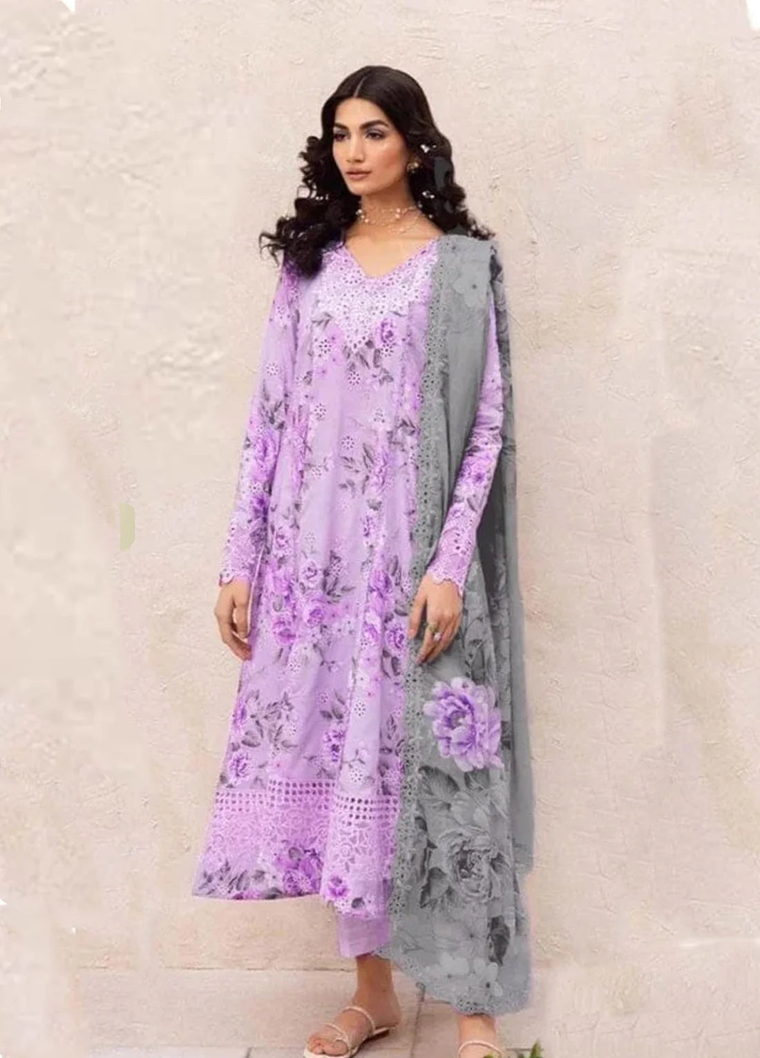 Baroque Swiss Khaddar Digital Print 3-Piece Stitched Dress With Neck,Bottom And Trouser Patches – Vol. 255