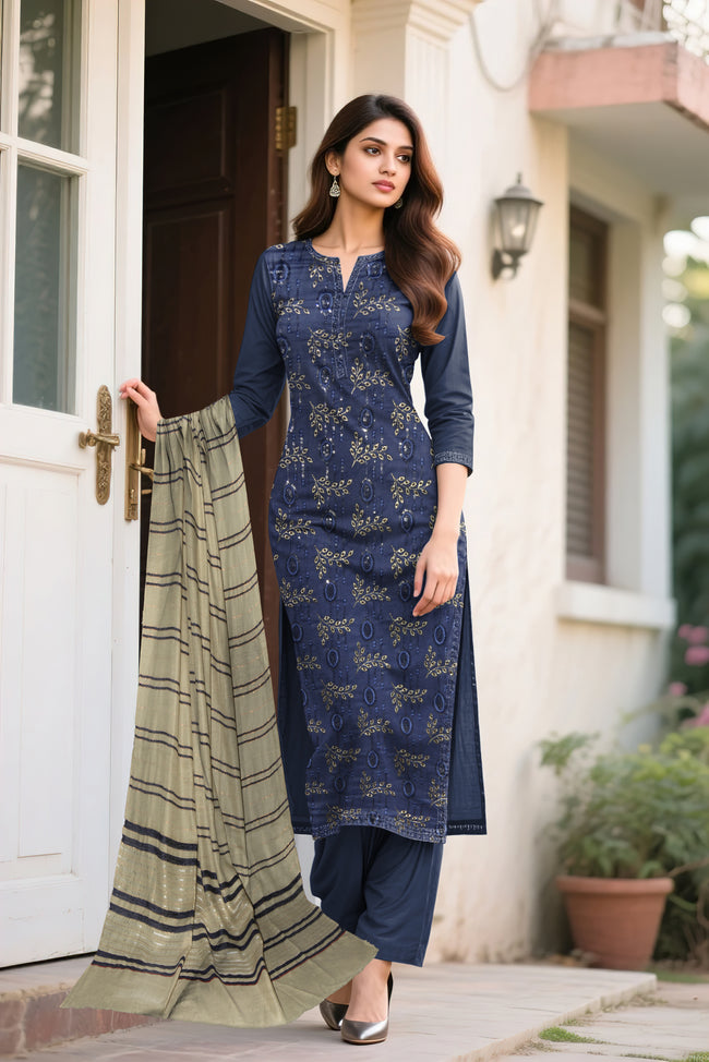 Dhanak Embroidered 3-Piece Suit with Wool Shawl (Multani Style) Royal Blue Hover Image