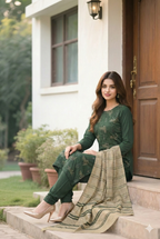 Dhanak Embroidered 3-Piece Suit with Wool Shawl (Multani Style)
Green