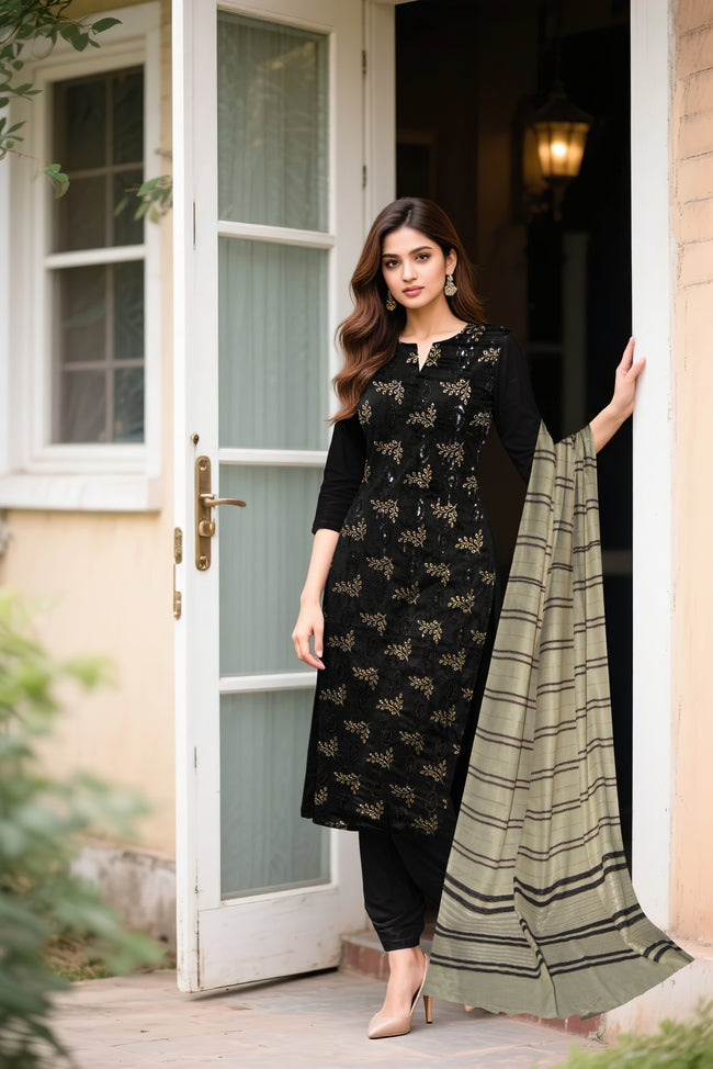Dhanak Embroidered 3-Piece Suit with Wool Shawl (Multani Style)
Black Hover Image