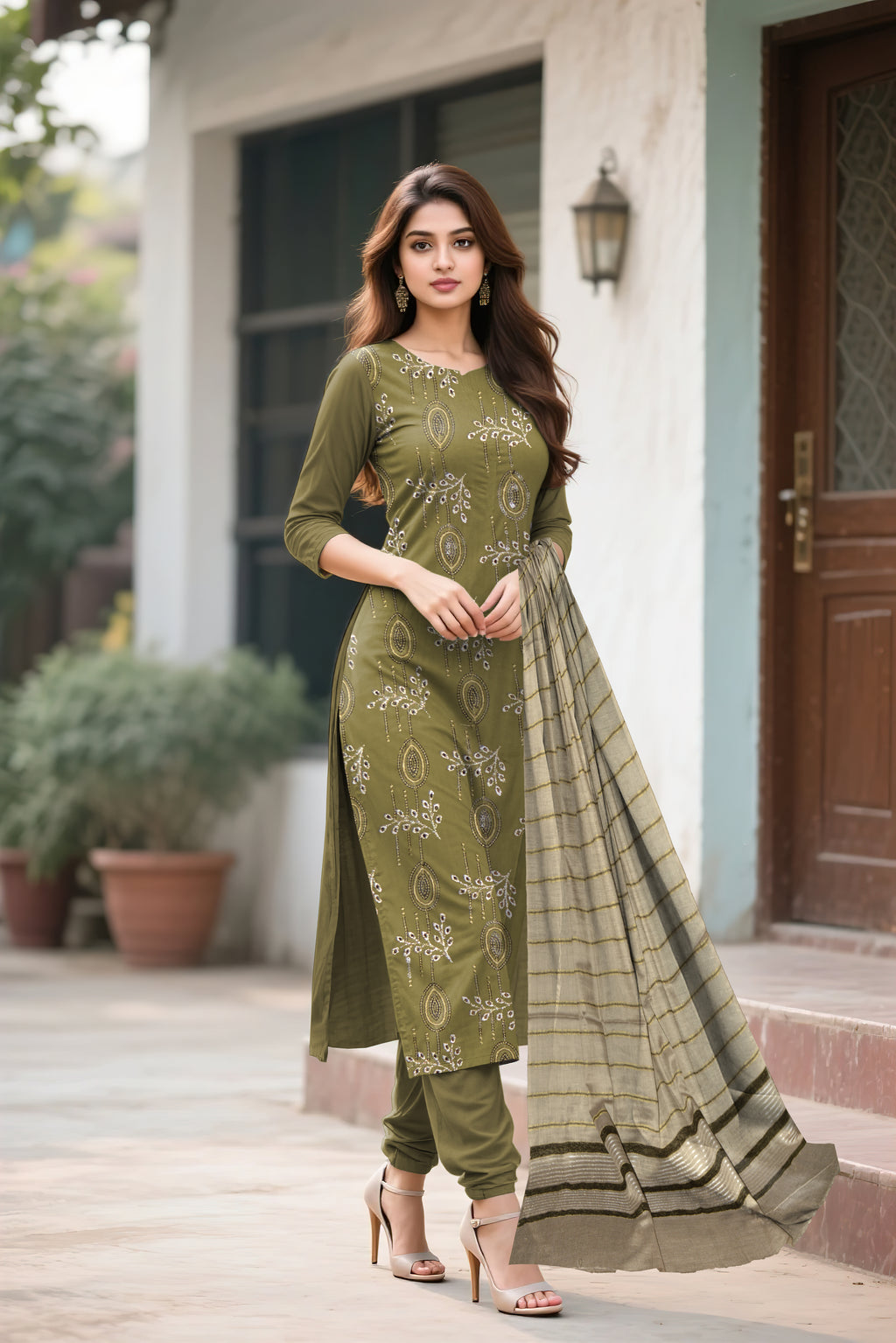 Dhanak Embroidered 3-Piece Suit with Wool Shawl (Multani Style)
Mehndi Green