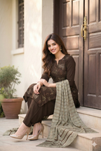Dhanak Embroidered 3-Piece Suit with Wool Shawl (Multani Style)
Choclate Brown