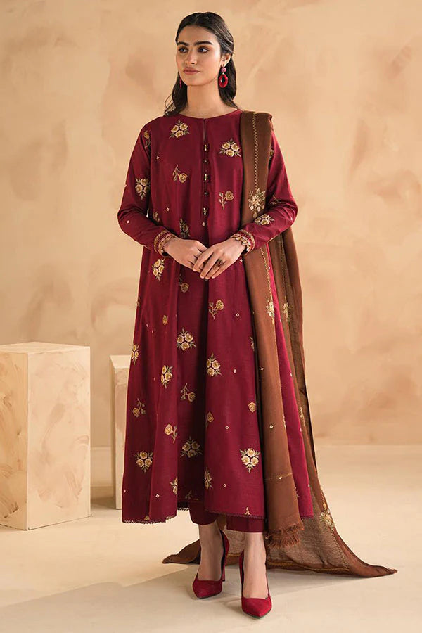 HOORE - 3PC DHANAK EMBROIDERED SHIRT WITH DHANAK EMBROIDERED SHAWL AND TROUSER - HZG1801