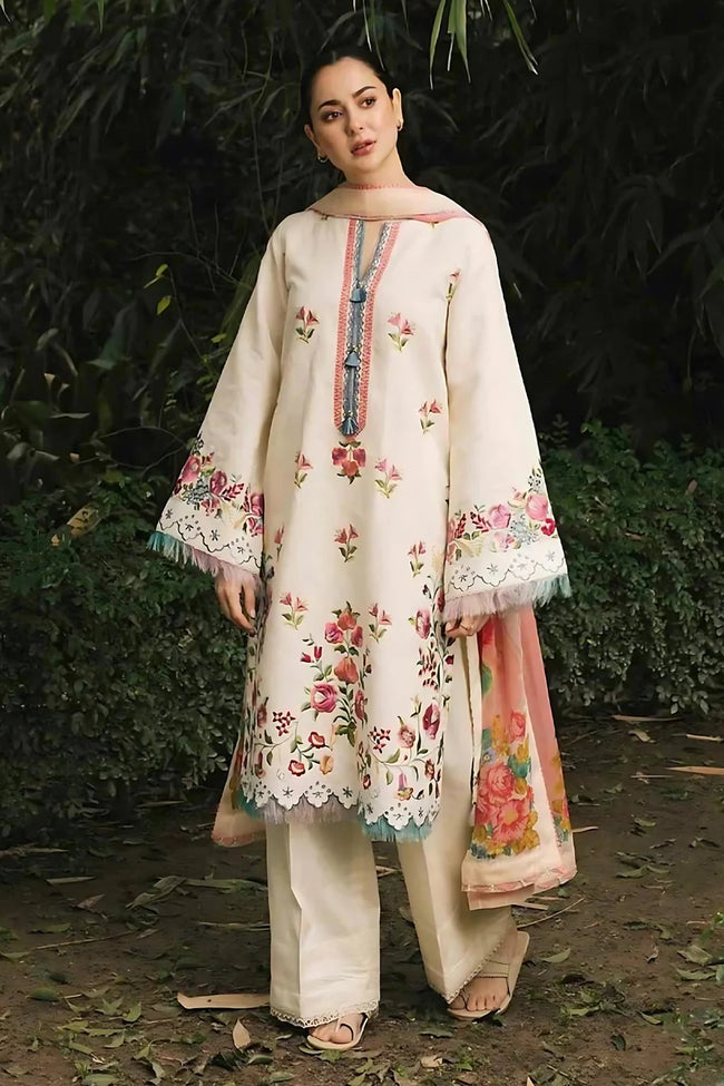 HOORE- 3PC DHANK EMBROIDERED SHIRT WITH COUTRAI WOOL SHAWL & TROUSER-BIC-4133 Hover Image