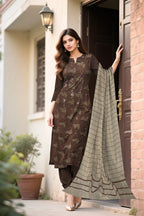 Dhanak Embroidered 3-Piece Suit with Wool Shawl (Multani Style)
Choclate Brown