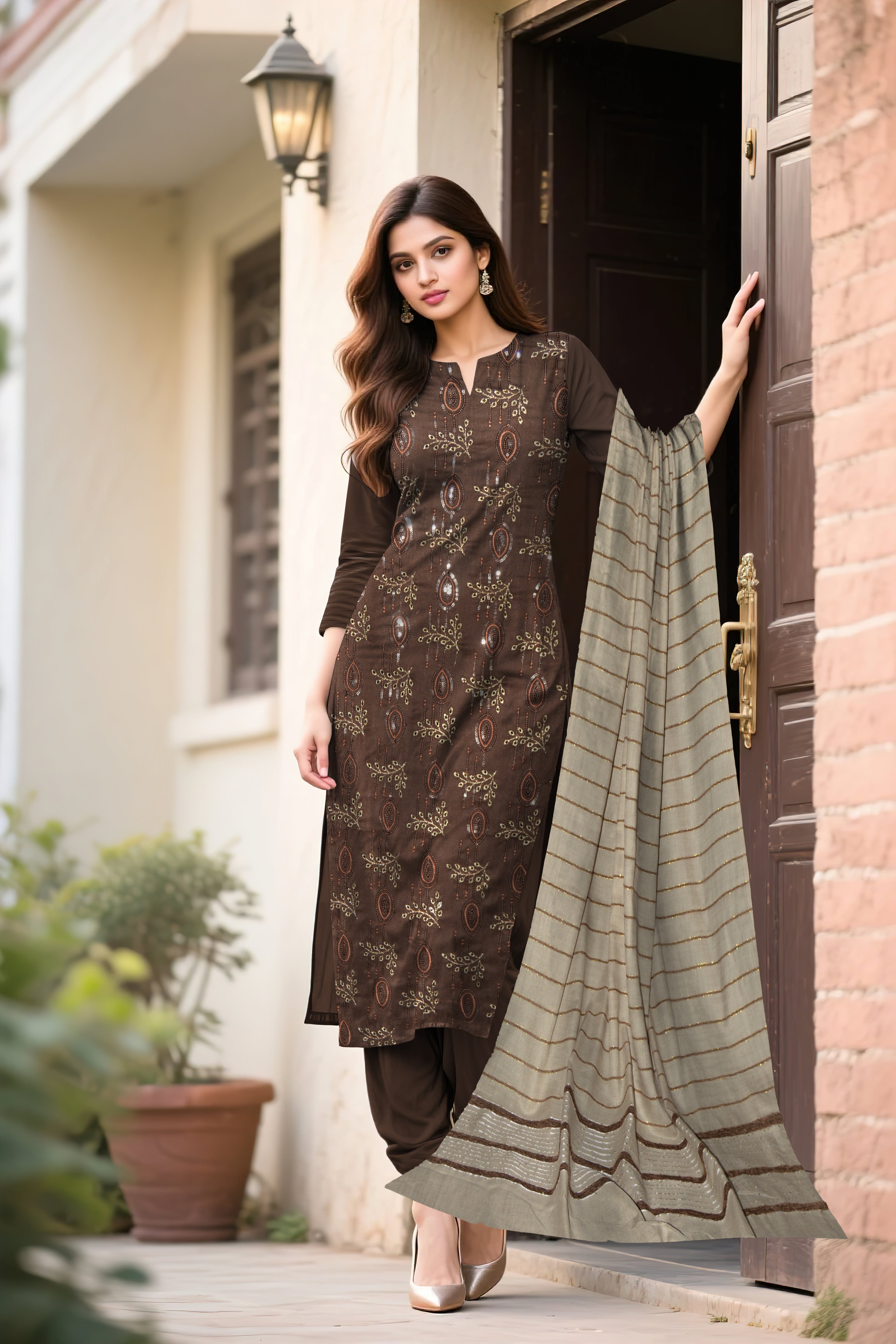 Dhanak Embroidered 3-Piece Suit with Wool Shawl (Multani Style)
Choclate Brown
