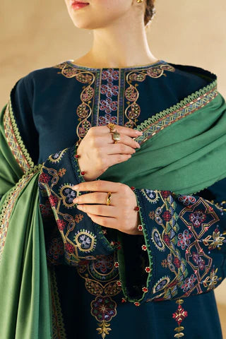 HOORE - 3PC DHANAK EMBROIDERED SHIRT WITH DHANAK EMBROIDERED SHAWL AND TROUSER - HZG1370