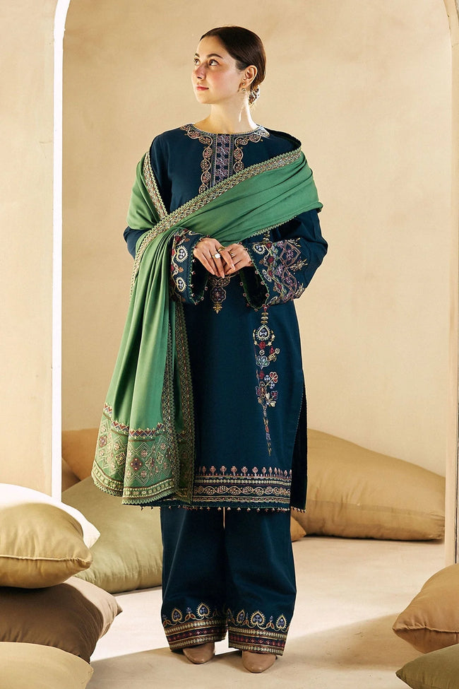 HOORE - 3PC DHANAK EMBROIDERED SHIRT WITH DHANAK EMBROIDERED SHAWL AND TROUSER - HZG1370 Hover Image