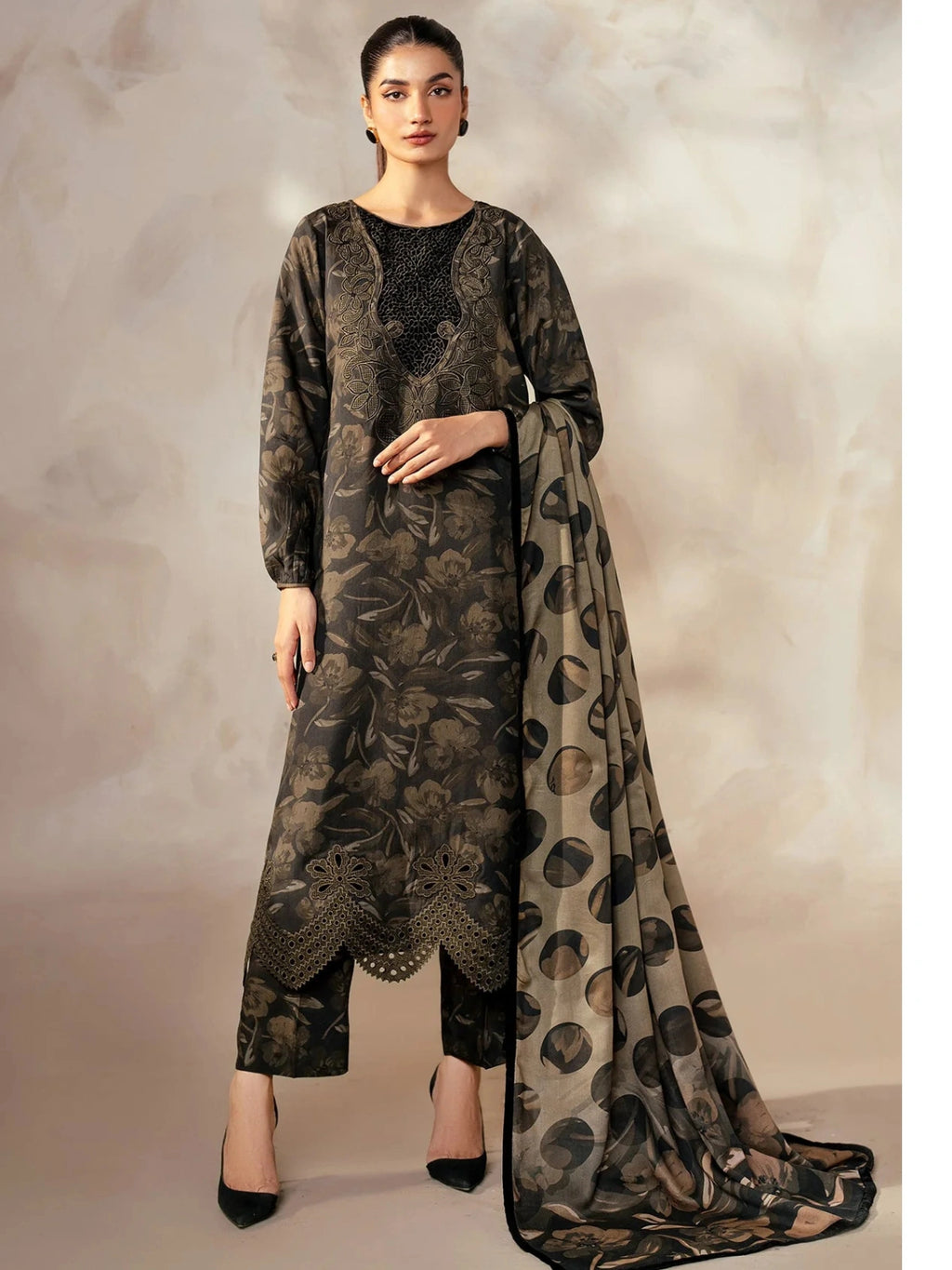 Baroque Swiss Khaddar Digital Print 3-Piece Stitched Dress With Neck,Bottom And Trouser Patches – Vol. 255